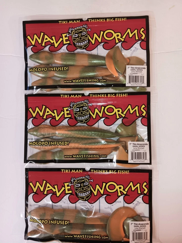 Paquetes de 3 Gusanos Onda Tiki-Anaconda Serie Remolino 7". Lime Sherbert  Foto 1 de 1