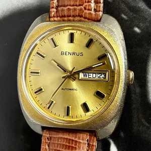 Benrus 70s Vintage Automatic Calendar Watch 36mm Gold Sunburst Dial Swiss AS2066 - Picture 1 of 12