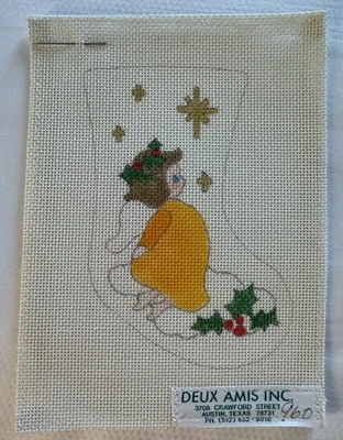 Vintage Deux Amis Needlepoint Canvas Angel Mini Christmas Stocking Yellow Star - Image 1 of 3
