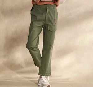 NEW Sundance Women’s Embroidered Cargo Pants 8 Olive Green Boho Cotton Stretch - Picture 1 of 16