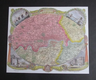10.9" x 9.0"  REPRODUCTION OF AN  1830  THOMAS MOULE MAP  THE ENVIRONS OF LONDON - Image 1 of 4