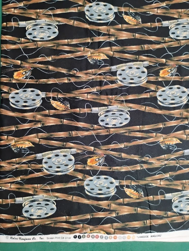 1-2/3 Yds Robert Kaufman "Lakeside Anglers" Flannel Fabric 42", Reels & Poles - Image 1 of 1