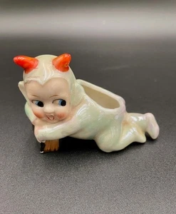 VTG Devil China Baby on Book Ceramic Hat Pin Cushion? Planter Napco Pixie Elf - Picture 1 of 9
