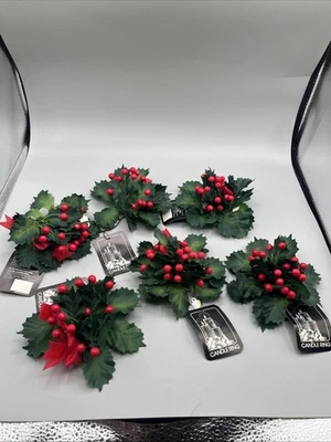 Set Of 6 Vtg Christmas Candle Ring Plastic Holly Leaves & Berries Beacon Hill - Image 1 of 4
