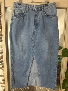 ZARA TRAFALUC Blue Denim Midi Skirt Size Large ~ L Front Split Raw Hem - Picture 1 of 6