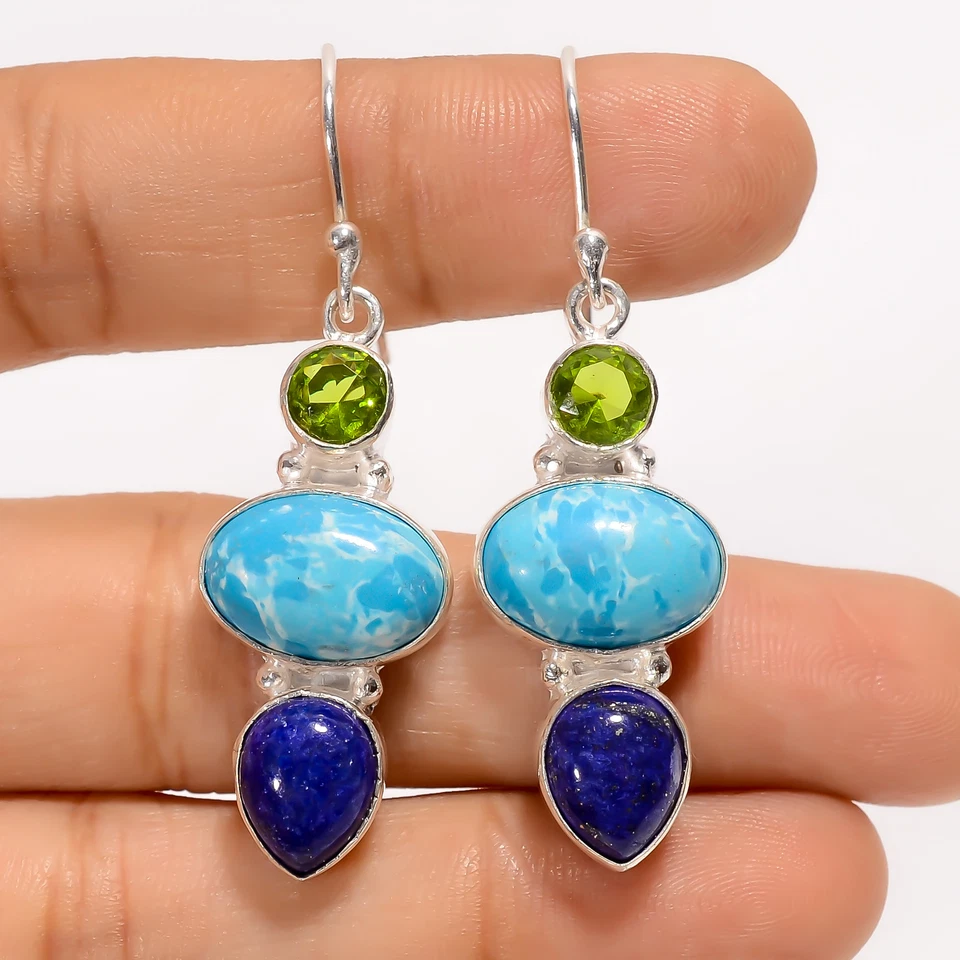 Pendientes colgantes hechos a mano de plata 925 con piedras preciosas de peridoto Larimar 2" ARE-3803 Foto 1 de 1