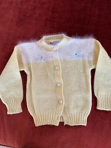 VTG 50s "May Claire" Baby's Yellow & White Bunny Virgin Wool Cardigan in Box - Picture 1 of 9