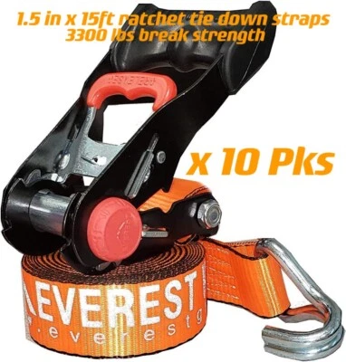 10pc 1.5in x 15ft Ergo Ratchet Tie Down Straps with DJ-Hooks 3300lbs BS - Image 1 of 4