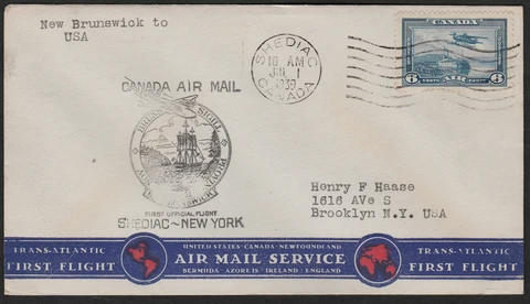 FIRST FLIGHT COVER - AAMC #3921g - 1939 - SHEDIAC, NB to NEW YORK, NY., USA Cover
