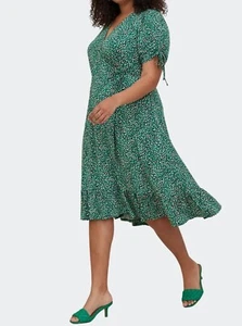 Torrid Green Printed Short Sleeve A-line Polka Dot Stretch Wrap Midi Dress 1X - Picture 1 of 15