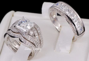 His and Hers Simulated Princess Cut 925 Wedding Rings Engagement Rings - Picture 1 of 5