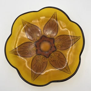 Indiana Glass Amber Glass Dish Scalloped Edge Embossed Leaves 8" Vintage MCM - Picture 1 of 8