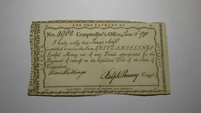 1791 5 Shillings Connecticut Comptroller's Office Colonial Currency Note Pomeroy - Image 1 of 2