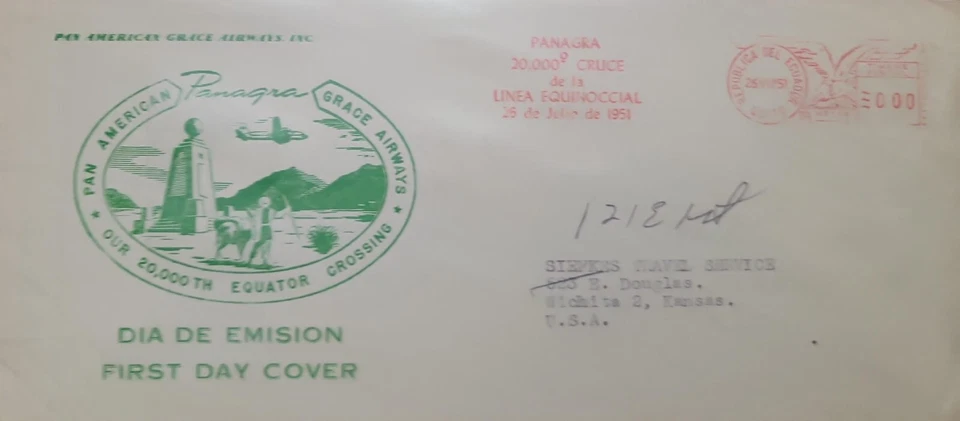 P) 1951 ECUADOR, FDC PAN AMERICAN GRACE AIRWAYS, PANAGRA 20,000TH EQUATOR CROSSI - Image 1 of 1