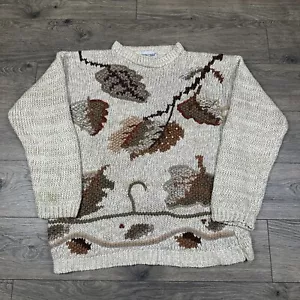 Vintage Cabin Creek Sweater Adult Large Beige Autumn Leaves Chunky Knit Beaded - Picture 1 of 7