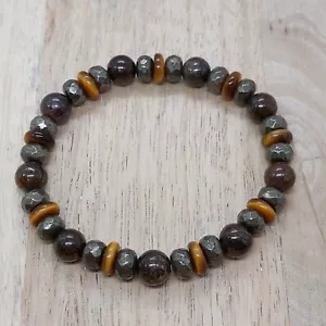 Bronzite, Pyrite and Tiger's Eye Natural Gemstones Beaded Men's Stretch Bracelet - Picture 1 of 5