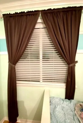 Brown Satin Panel Black Out Curtains Set Of 2 Polyester 56” X 96” Drapes Quality - Image 1 of 4