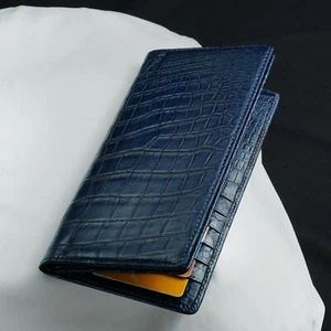 Blue Real Premium Leather Long BIfold Leather Wallet Men Skin Checkboook Wallet - Picture 1 of 13