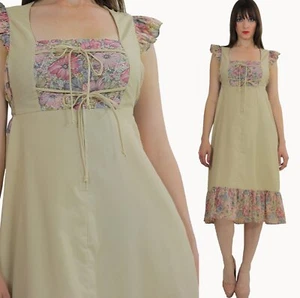 Vintage 70s Hippie Floral dress Tiered ruffle lace up dress corset dress M - Picture 1 of 5