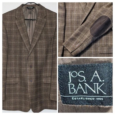 Jos. A. Bank Men's Size 46 L Tailored Fit Sports Coat Brown Plaid Elbow Patches - Image 1 of 4