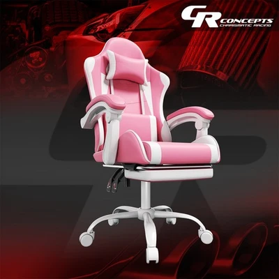 Pink/White Recliner Swivel Computer Gaming Chair w/ Linkage Armrest & Footrest - Image 1 of 4