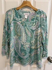 Alfred Dunner XL Top Green Paisley Lace Rhinestone Trimmed Neck 3/4 Sleeve New - Picture 1 of 13