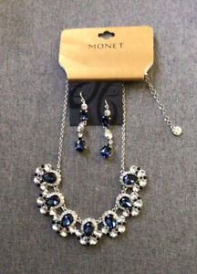 Monet Wedding Necklace/ Earrings. Blue & Clear Rhinestones Silver Tone.