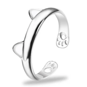 Adjustable Silver Cat Ears Paw Print Ring Cute Animal Lover Gift - Picture 1 of 6