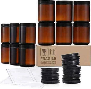 12 Pack, 8 OZ Thick Glass Jars with Lids, Dark Amber Candle Jars with 12 Metal & - Picture 1 of 5
