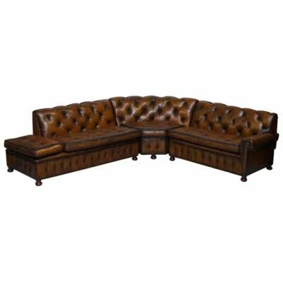 VINTAGE HARRODS CHESTERFIELD HANDGEFÄRBT ZIGARRENBRAUN LEDER ECKSOFA WALNUSS - Bild 1 von 4