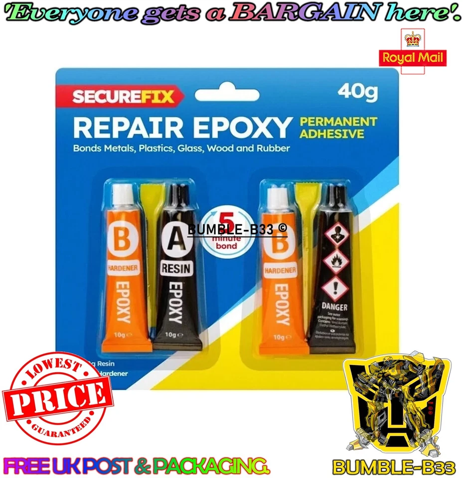 SECUREFIX 4 x Epoxy Glue Resin Strong Adhesive Kit Hardener Bonds Metal Plastic Wood Glass