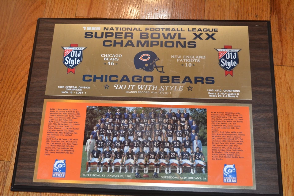 Placa fotográfica 16x12 del equipo Chicago Bears de los campeones XX de la NFL Super Bowl 1986 estilo antiguo Foto 1 de 4
