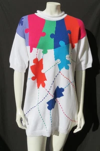 NEW MAGNOLIA White Pink Blue Jigsaw 100% Cotton Knit S/S Sweater Top size L - Picture 1 of 7