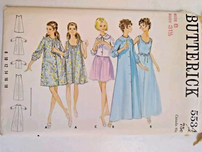 Nightgown Nightie Gown Robe Bed Jacket 8 Butterick 5534 Sewing Pattern Cut VTG Foto 1 de 4