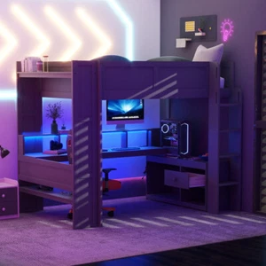 Wood Full Size Gaming Loft Bed with Desk, Shelves, LED and Charging, Dark Gray - Picture 1 of 21