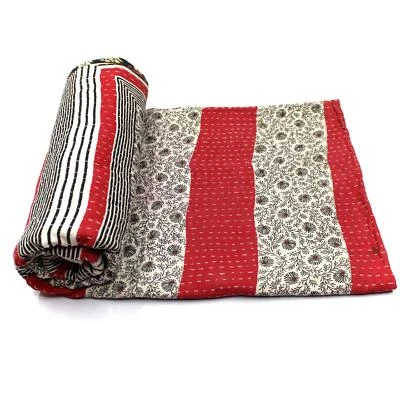 Sofa Cover Kantha Quilt Organic Cotton Bedspread Upcycled Bedding Blanket - Image 1 of 4