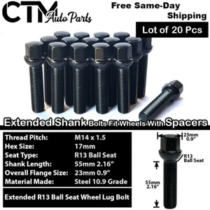 20x Audi Black 14x1.5 Ball Seat Lug Bolt 55mm Shank Fit Rim with 25-30mm Spacer - Picture 1 of 5