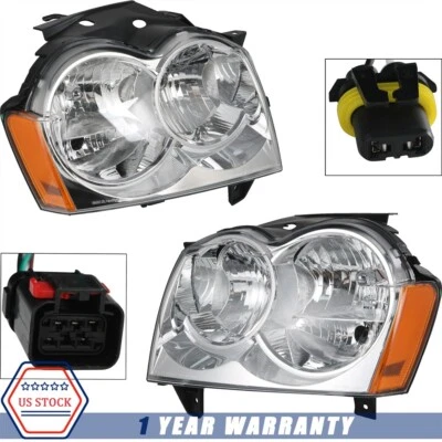 Pair Headlights Chrome Lamps NEW For Jeep Grand Cherokee 4-Door 2005-2007 - Image 1 of 4