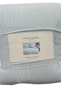 Laura Ashley Striped Green and White Queen Comforter Set Ruffle Detail on Shams - Picture 1 of 4