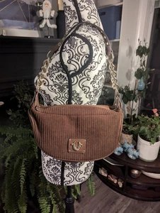  Original TRUE RELIGION Corduroy Chain Shoulder Bag Brown Gently Loved - Picture 1 of 12