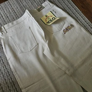 Vintage 90s DEADSTOCK Solo Semore Baggy Cream Embroidered Jeans Size 42x33 - Picture 1 of 7