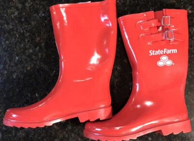 Botas de lluvia de goma rojas publicitarias de State Farm con 2 hebillas superiores para mujer 10’s Foto 1 de 4
