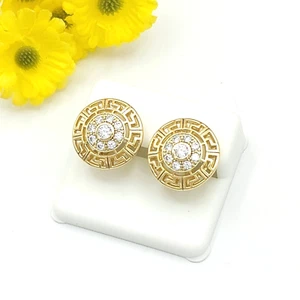 14K Gold Plated Greek Symbol Clear Crystals round Huggies Earrings Oro Laminado - Picture 1 of 5