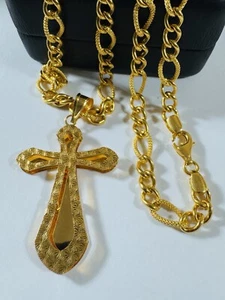 Pure 22K 916 Real UAE Gold 18” long Women’s Cross Crucifix Necklace 16.12g 5.5mm - Picture 1 of 24