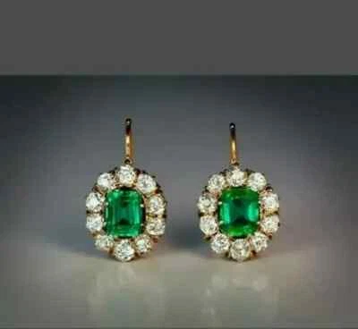 4Ct Round LabCreated Green Emerald Cluster Drop Earrings 14K Yellow Gold Plated - Image 1 of 3