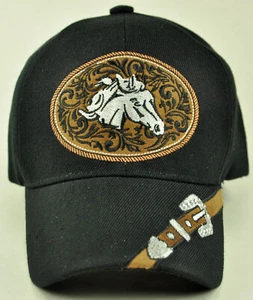 NEW! RODEO WHITE HORSE STONE COWBOY FAUX LEATHER BELT CAP HAT BLACK - Picture 1 of 3
