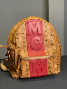 MCM Visetos Medium Stark Logo Stripe Backpack Cognac Red - Picture 1 of 5