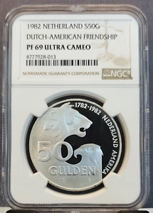 1982 NETHERLANDS SILVER 50 GULDEN DUTCH AMERICAN FRIENDS NGC PF 69 ULTRA CAMEO - Picture 1 of 3