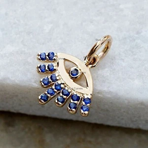 18k Solid Yellow Gold Blue Sapphire Gemstone Evil Eyes Charm Pendant Jewelry - Picture 1 of 4