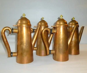 4 Vintage 1950s hndmd Copper 8" Individual Teapots Coffee Pots Peggy Page Mexico - Picture 1 of 10